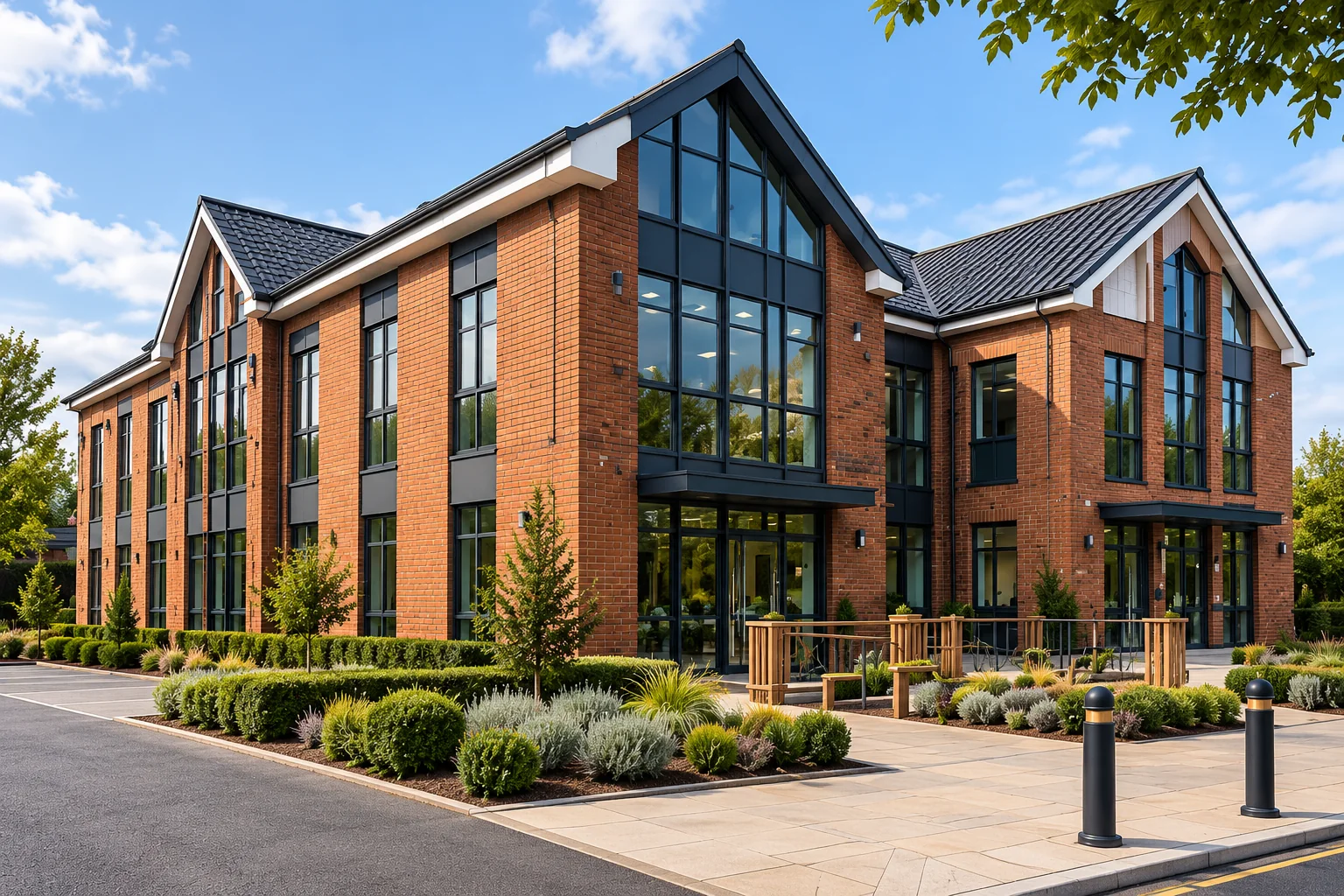 Contemporary brick and glass commercial building with landscaped grounds